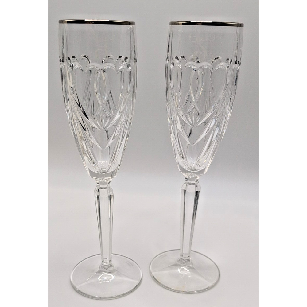 "S" "G" Waterford Marquis Romance/Wedding Flutes Crystal silver rim hearts New!
